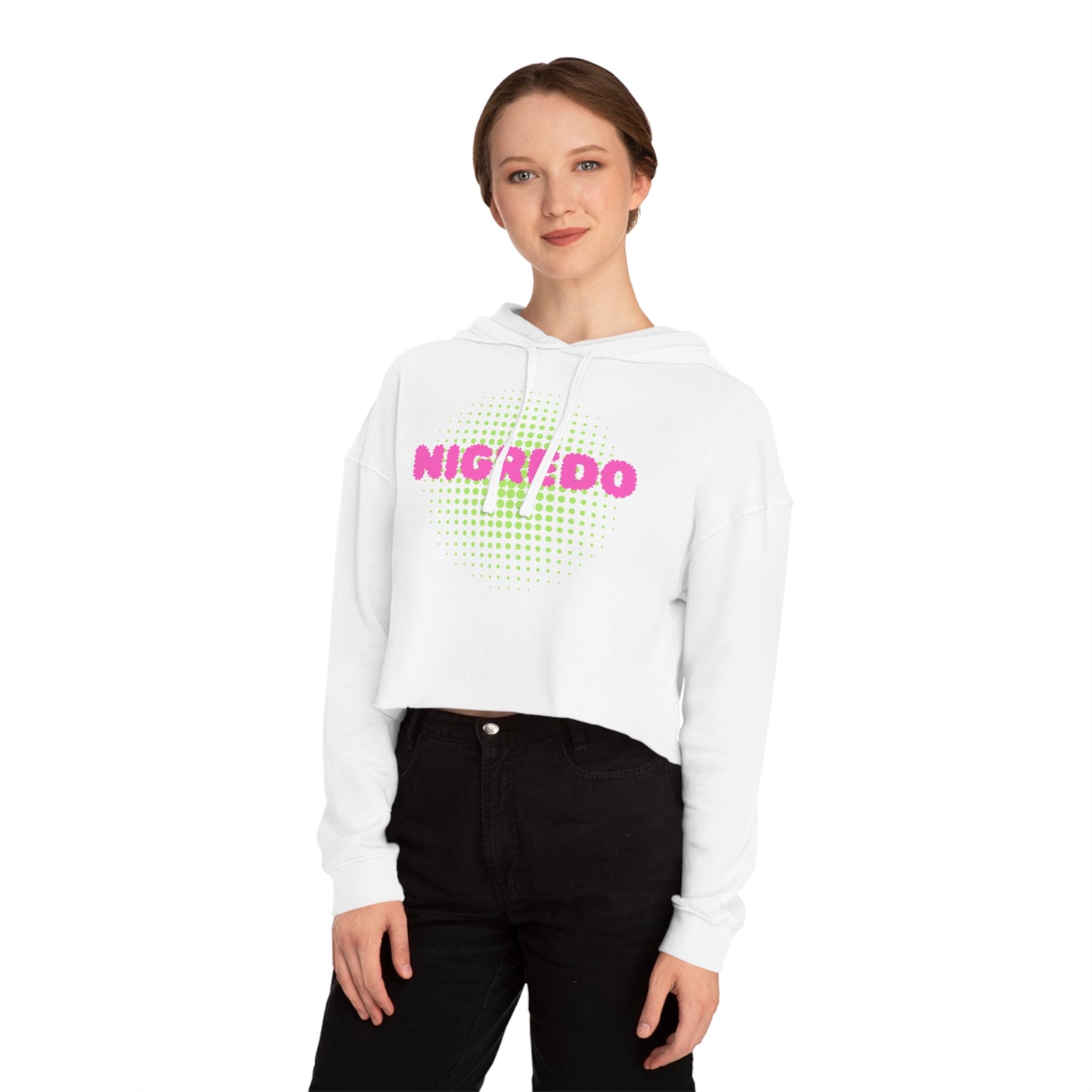 Women’s Cropped Hooded Sweatshirt with 'NIGREDO' Design, Trendy- Casual