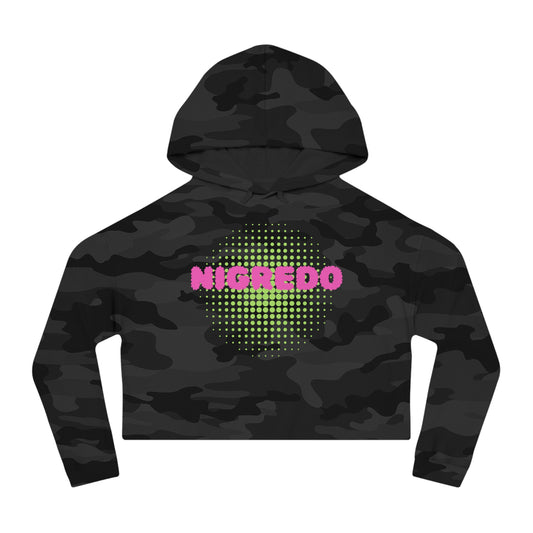Women’s Cropped Hooded Sweatshirt with 'NIGREDO' Design, Trendy- Casual