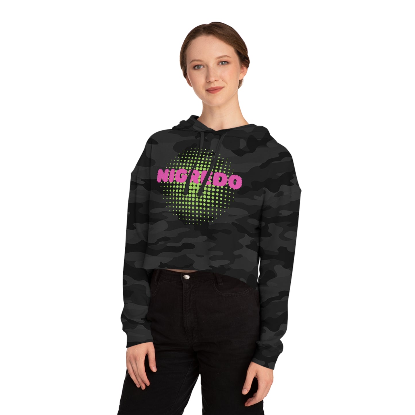Women’s Cropped Hooded Sweatshirt with 'NIGREDO' Design, Trendy- Casual