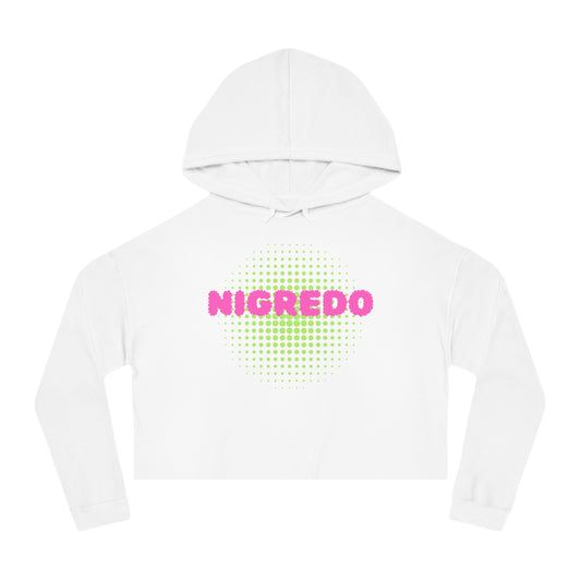 Women’s Cropped Hooded Sweatshirt with 'NIGREDO' Design, Trendy- Casual