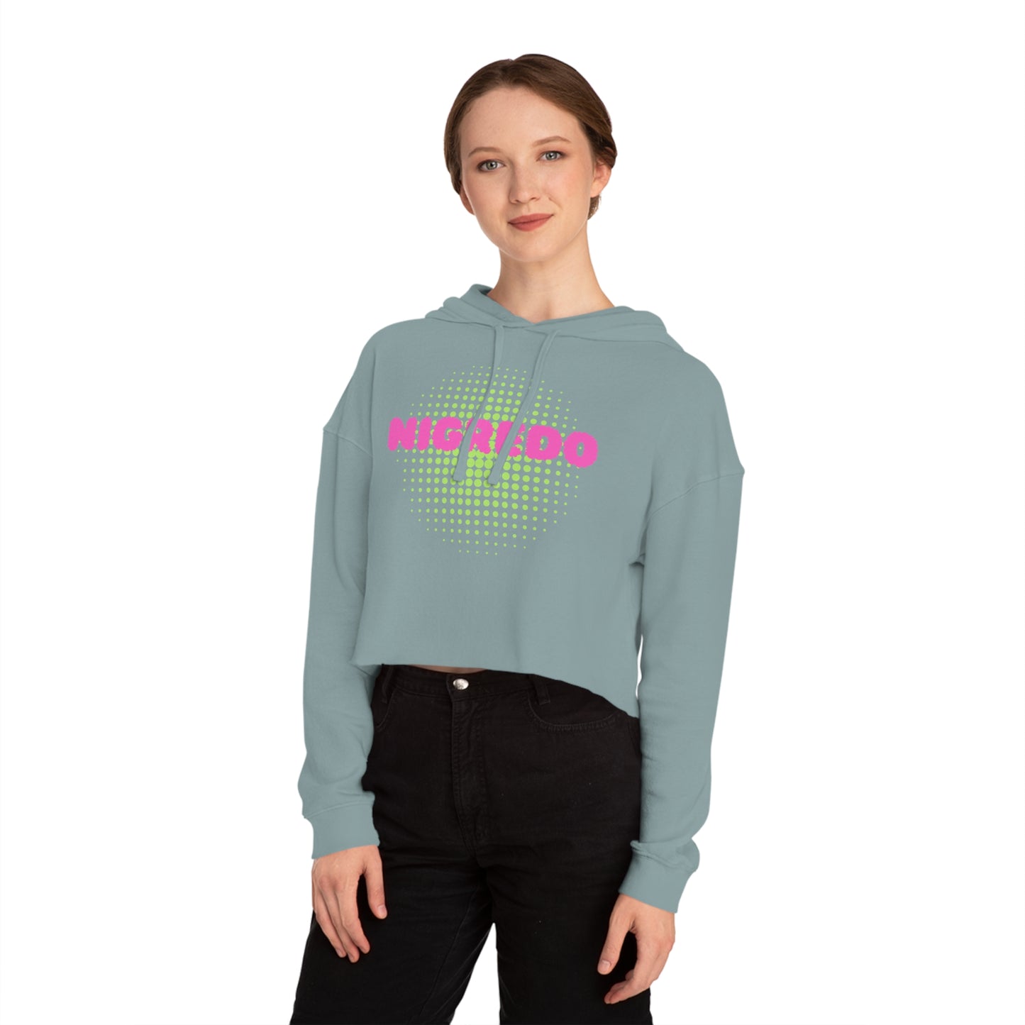 Women’s Cropped Hooded Sweatshirt with 'NIGREDO' Design, Trendy- Casual