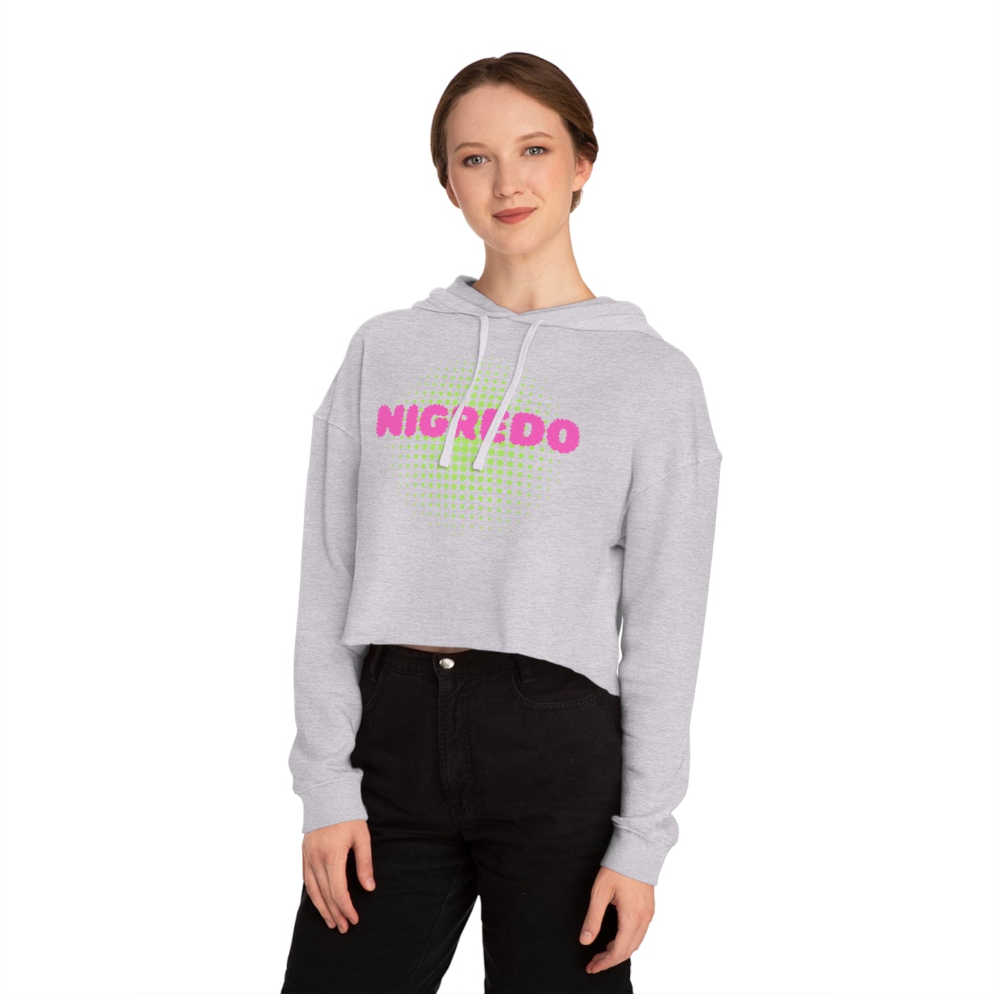 Women’s Cropped Hooded Sweatshirt with 'NIGREDO' Design, Trendy- Casual